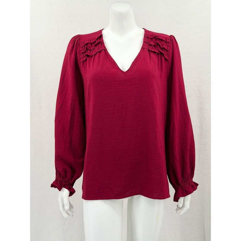 Ninety Clothing Co Top Womens Medium Wine Red Ruffle V-Neck Feminine Office NWT